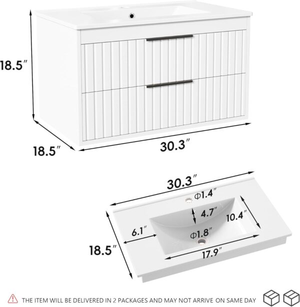 30" Bathroom Vanity with Sink, Floating Vanity Bathroom Sink Cabinet Wall Mount, Soft-Close Function 2 Large Drawers, Grooved Stripe Design, Hidden Damping Drawers, White