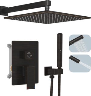 Hoimpro Bronze 12 Inch Shower Rain Head Shower System Set and with 2 in 1 Handheld Showerhead Wall Mounted, Rainfall Shower Faucet Fixture Combo, Oil Rubber Bronze