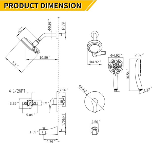 Tub and Shower Faucet Set Dual Shower System with Tub Spout Shower Tub Kit Dual Shower Head and Handheld with Valve Shower Dual Fixtures Tub and Shower Trim Kit Combo Set Matte Black