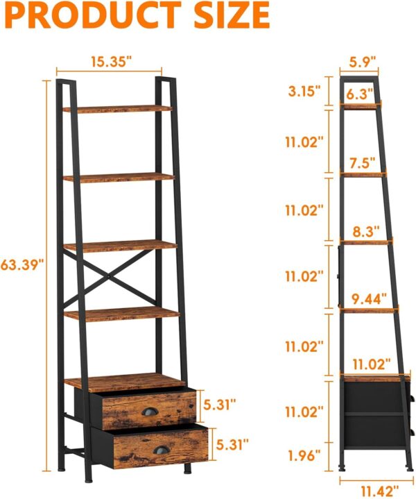 Furologee 5-Tier Ladder Shelf with 2 Drawers,Narrow Bookshelf Storage Shelves,Industrial Bookcase Freestanding Rack Units for Bedroom,Living Room,Bathroom,Home Office,Balcony,Wood Metal,Rustic Brown