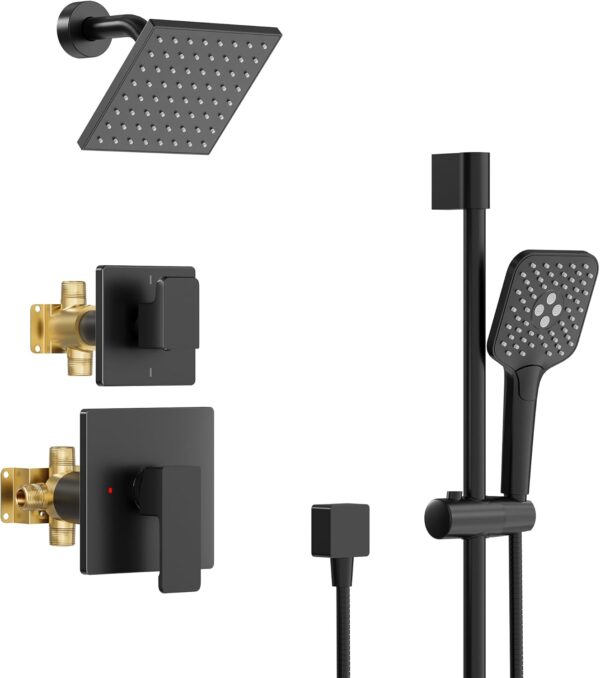 61SXAJucdPL._AC_SL1500_.jpg Black Shower Faucet Set - High Pressure Shower Head and Handheld Shower System, Wall Mounted 6 Inches Rain Shower Head with Slide Bar Shower Fixtures (Valve and Trim Kit Included), Matte Black
