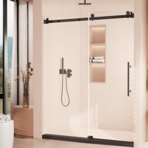 Shower Door, Sliding Shower Door with Explosion-Proof Film Clear Glass, Frameless Tempered Glass Shower Door with Stainless Steel Handle & Waterproof Seal Strip Parts