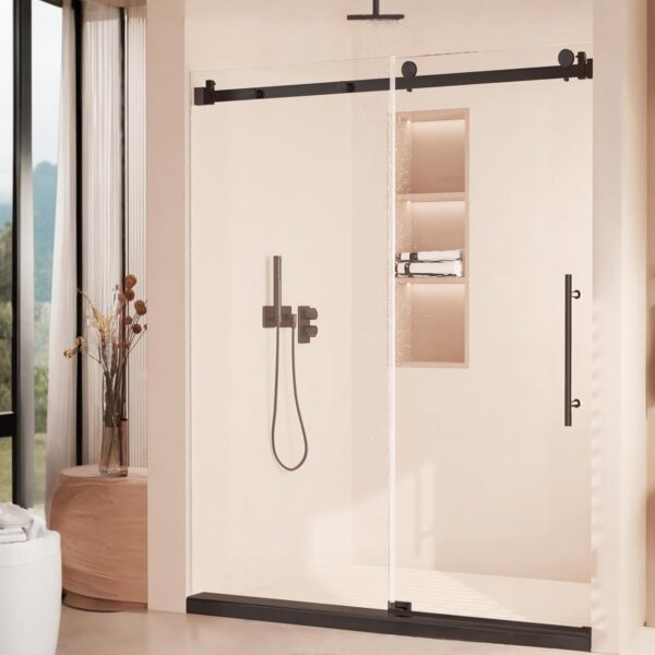 Shower Door, Sliding Shower Door with Explosion-Proof Film Clear Glass, Frameless Tempered Glass Shower Door with Stainless Steel Handle & Waterproof Seal Strip Parts