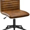 Furniliving Leather Office Chair with Wheels Armless Vanity Desk Chair 360° Swivel Computer Rolling Chair with Mid Back, Height Adjustable Accent Chairs with Gold Metal Base Stool, PU YellowBrown
