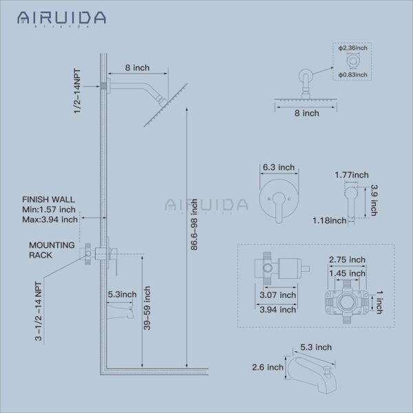 Airuida Shower Faucet Set with Tub Spout Bathtub Faucet Kit Shower Tub Faucet Set Complete Tub Shower Trim Kit with Solid Brass Rough-in Valve Rainfall Round 8 Inch Shower Head Matte Black