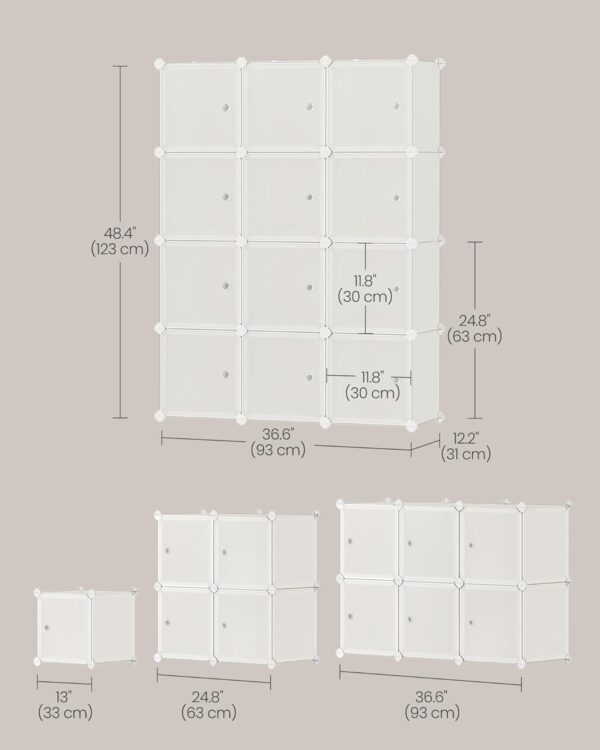 SONGMICS Cube Storage Organizer, Set of 12 Plastic Cubes, Closet Storage Shelves, DIY Plastic Closet Cabinet, Modular Bookcase, Shelving with Doors for Bedroom, Living Room, Cream White ULPC342W02