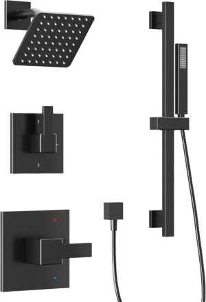 ESNBIA Black Shower Faucet Set, All Metal Shower System with Slide Bar, Wall Mount Shower Combo Set with Shower Valve, 6" Rain Shower Head with Handheld Spray Combo, Matte Black