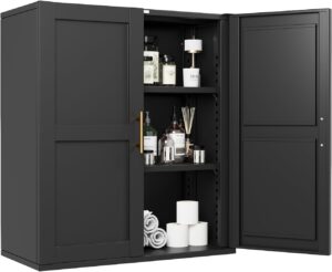 Bathroom Wall Cabinet, Metal Over The Toliet Storage Cabinet, Wall Cabinets with Doors and Adjustable Shelf, Medicine Cabinets for Kitchen, Bathroom, Over The Toilet (Black, 23.6" H)