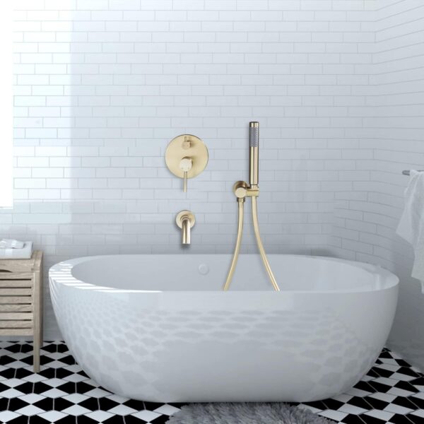 AZOS Wall Mounted Bathtub Faucet with Handheld Shower, High Flow Rate Tub Filler Faucet Set with 360° Swivel Spout Fixtures, Brushed Gold Waterfall Tub Faucets