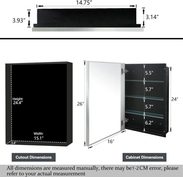 Modern Medicine Cabinet Mirror Storage for Bathroom Bedroom Surface/Recessed Mount with 3 Shelves (16"x26", Brushed Silver)