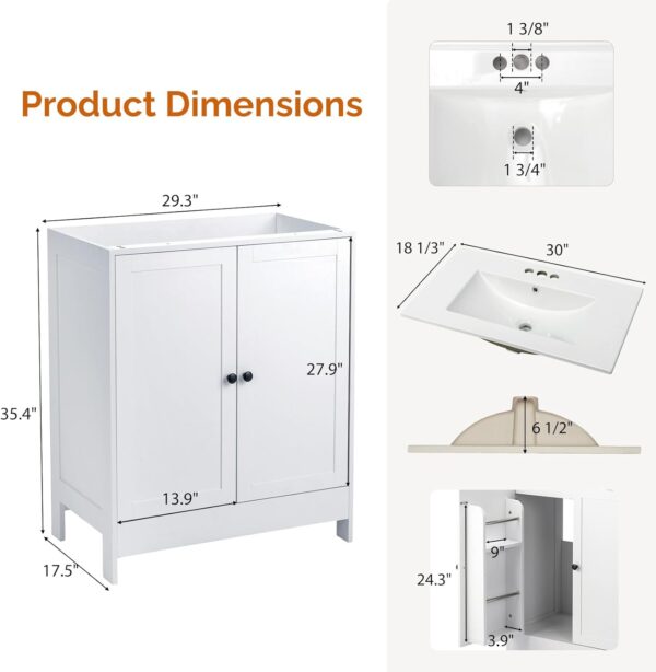 VINGLI Bathroom Vanity with Ceramic Sink, 30 Inch White Bathroom Sink Cabinet Combo, Restroom Basin Cabinet with 2 Doors,Modern Lavatory Laundry Room Freestanding Organizer w/4-Tier-Hidden Storage