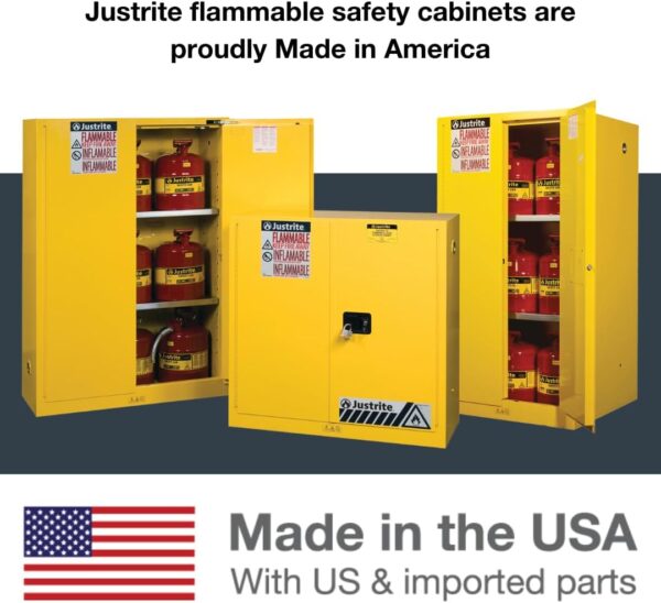 Justrite 60 Gallon Manual Close Flammable Storage Cabinet, 18 Gauge Steel, 2 Shelves, 2 Door Fire Cabinet, 65" x 34" x 34", Made in The USA, Yellow, 896000