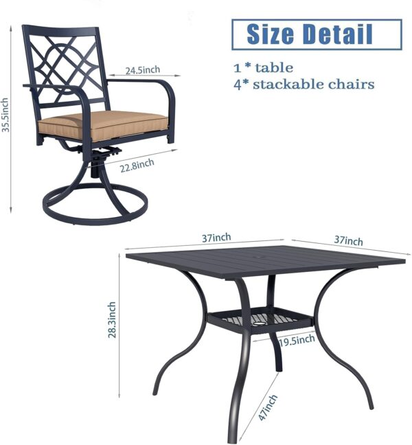 Oakcloud 5-Piece Metal Outdoor Patio Furniture Outdoor Dining Set, 4 Metal Swivel Chairs and Square Dining Table with Umbrella Hole