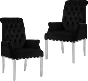Luxurious Velvet Dining Chairs Set of 2, Modern Upholstered Tufted Dining Room Chairs, Armrests Dining Chairs with Stainless Steel Leg, Black