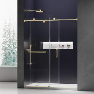61WFMlbWYaL._AC_SL1500_.jpg Frameless Shower Door, 56-60 in. x 76 in., Single Sliding Shower Door, 5/16" (8mm) Tempered Glass with Double Nano Coating, Easy to Clean, Walk-in Bathroom Glass Door – Brushed Gold