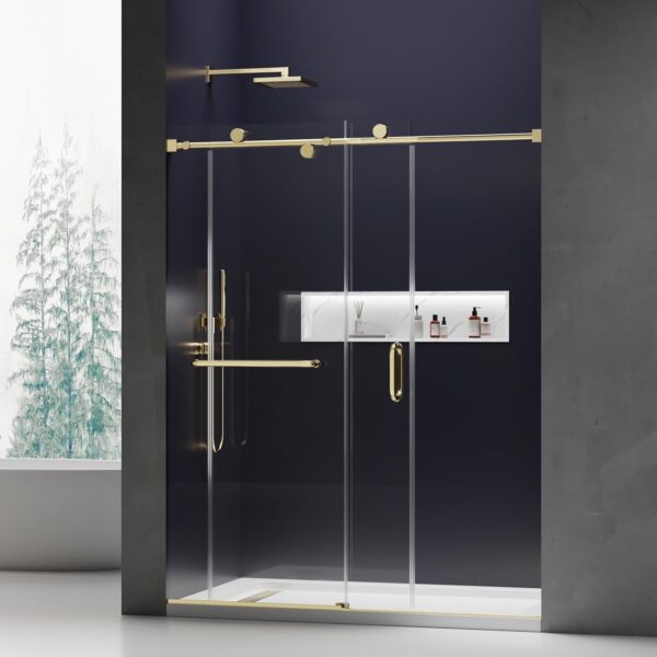 Frameless Shower Door, 56-60 in. x 76 in., Single Sliding Shower Door, 5/16" (8mm) Tempered Glass with Double Nano Coating, Easy to Clean, Walk-in Bathroom Glass Door – Brushed Gold