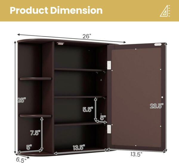 RELAX4LIFE Bathroom Wall Cabinet with Mirror - Medicine Cabinet w/Door, 6 Open Shelves & Adjustable Shelves, Over The Toilet Storage Cabinet Organizer, Mirrored Bathroom Cabinet Wall Mount (Coffee)