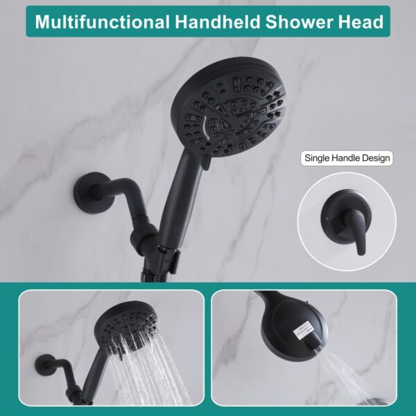 Tub Shower Faucet Combo, Matte Black Shower System 10 Patterns Handheld Shower Head with Tub Spout, Shower Trim Kit with Shower Head & Brass Valve