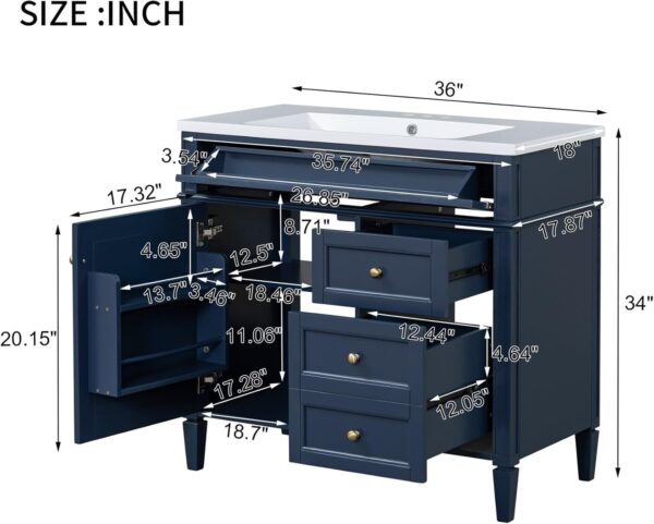 36'' Bathroom Vanity with Top Single Resin Sink Countertop, Solid Wood Frame Modern Storage Cabinet, 2 Drawer and Shelves, Soft Closing Doors, Blue