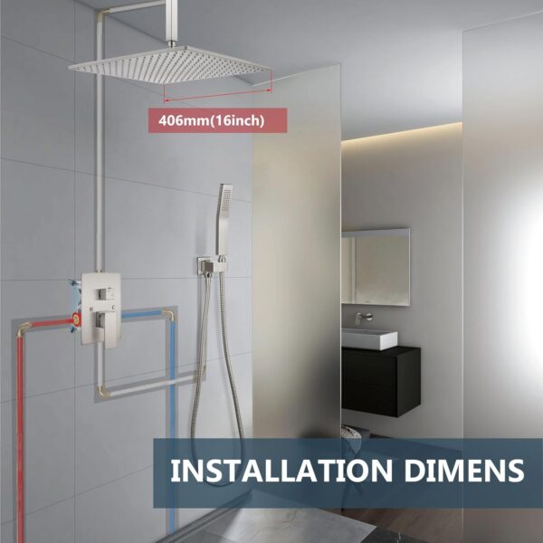 Aolemi Ceiling Mount Shower Faucet Set with Handheld Spray High Pressure Shower Faucets Sets Complete Rough-in Valve and Shower Trim Kit System Included Rainfall Brushed Nickel 16 Inch LED Shower Head