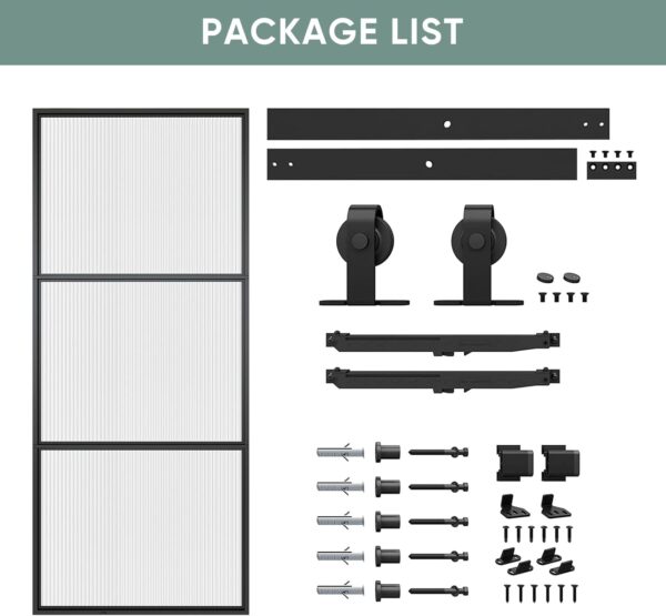 JUBEST Glass Barn Door 30in x 84in, Reeded Glass Carbon Steel Pre-Drilled Frame Sliding Barn Door Panel with 5FT Hardware Kit and Soft Close