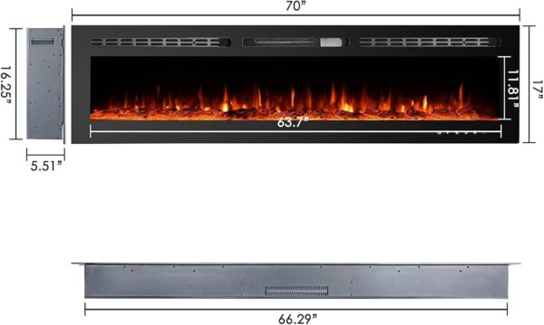 CharaVector 70 inch 750W/1500W Electric Fireplace Inserts with Remote Control in Wall Mounted, Energy Saving LED Insert Fireplace Heater Indoor Glass View with Remote Control & Touch Screen, Black