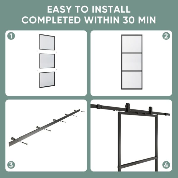 JUBEST 36in x 96in Glass Barn Door, Clear Tempered Glass Carbon Steel Pre Drilled Frame Sliding Barn Door Panel with 6FT Hardware Kit and Soft Close, Easy to Install