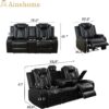 A Ainehome Power Recliner Set, Leather Sectional Sofa Set for Living Room, Home Theater, with LED Lights, Cup Holder, Hide-Away Storage(B-Black,3pcs Sofa Set)