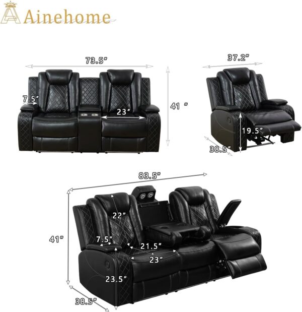 A Ainehome Power Recliner Set, Leather Sectional Sofa Set for Living Room, Home Theater, with LED Lights, Cup Holder, Hide-Away Storage(B-Black,3pcs Sofa Set)