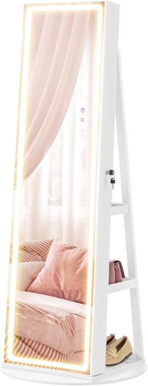 SONGMICS LED Jewelry Cabinet Standing, Lockable Armoire With Full-Length Mirror and Adjustable Lights, Space-Saving Organizer, Gift Idea, Cloud White UJJC008W01