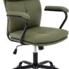 Home Office Chair, Modern Upholstered Mid-Back PU Leather Task Desk Chair with Arms, Adjustable Rocking Swivel Computer Chair with Wheels (Olive Green)