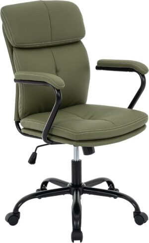 Home Office Chair, Modern Upholstered Mid-Back PU Leather Task Desk Chair with Arms, Adjustable Rocking Swivel Computer Chair with Wheels (Olive Green)