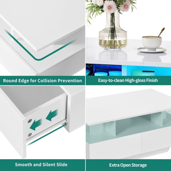 YITAHOME LED Coffee Tables for Living Room, High Glossy Coffee Table with Storage 4 Sliding Drawers, Small Rectangular LED Coffee Table Center Table with Open Display Shelf, Glossy White