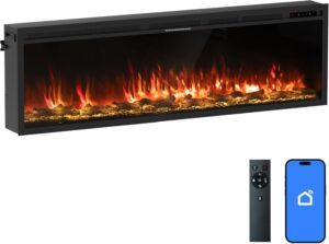 Real Relax 60" Electric Fireplace, Wall Recessed and Wall Mounted with Remote Control, 12 Adjustable Colors, Carbon Bed Colors, Touch Screen, Timer, Speed, Log and Crystal, Black