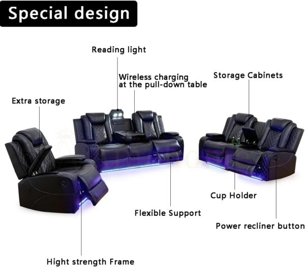 A Ainehome Power Recliner Set, Leather Sectional Sofa Set for Living Room, Home Theater, with LED Lights, Cup Holder, Hide-Away Storage(B-Black,3pcs Sofa Set)