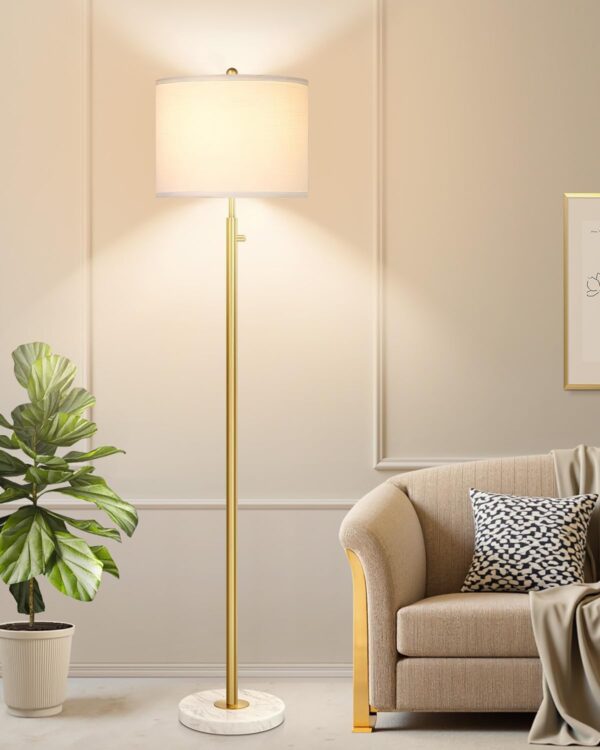 【Upgraded】Dimmable Gold Floor Lamp for Living Room, 11W LED Bulb Included, Modern Standing Lamp with Marble Base, Tall Pole Light with White Linen Shade for Bedroom Reading Office Corner Nursery