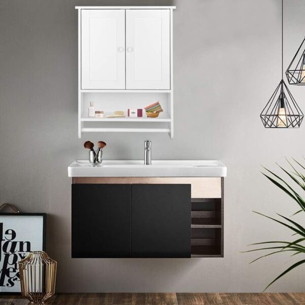 Wall Mounted Double Door Bathroom Cabinet,Modern Style Wall Hanging Bathroom Cabinet with Open Shelf and Towel Bar,19.3" L x 5.7" W x 25.6" H,White