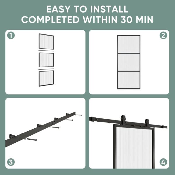 JUBEST Glass Barn Door 30in x 84in, Reeded Glass Carbon Steel Pre-Drilled Frame Sliding Barn Door Panel with 5FT Hardware Kit and Soft Close