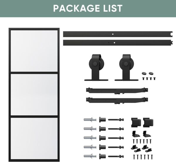 JUBEST 36in x 96in Glass Barn Door, Clear Tempered Glass Carbon Steel Pre Drilled Frame Sliding Barn Door Panel with 6FT Hardware Kit and Soft Close, Easy to Install