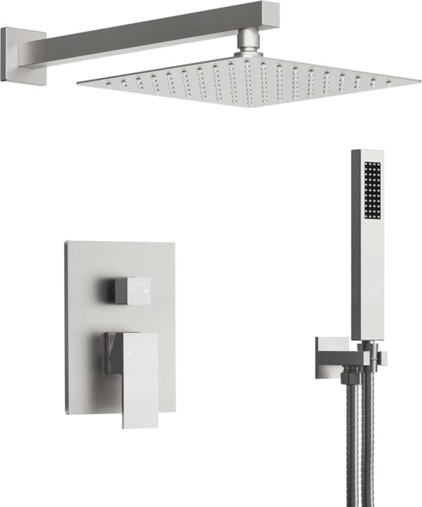 10" High-Pressure Rainfall Shower System with Handheld Spray, Wall Mount Bathroom Shower Faucet Set with Valve (Brushed Nickel)