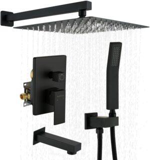 Bathroom Luxury Shower System Set 12 Inch Rainfall Shower Head System High Pressure Rainfall Shower Faucet in Matte Black Shower Head,Wall Mounted (12" 3-Function, Matte Black)