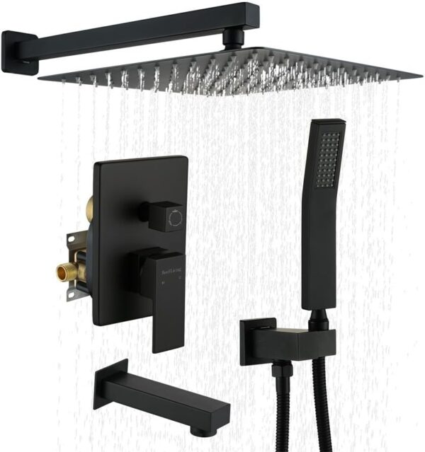 Bathroom Luxury Shower System Set 12 Inch Rainfall Shower Head System High Pressure Rainfall Shower Faucet in Matte Black Shower Head,Wall Mounted (12" 3-Function, Matte Black)