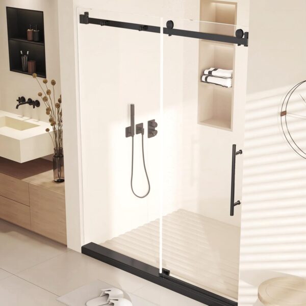 Shower Door, Sliding Shower Door with Explosion-Proof Film Clear Glass, Frameless Tempered Glass Shower Door with Stainless Steel Handle & Waterproof Seal Strip Parts