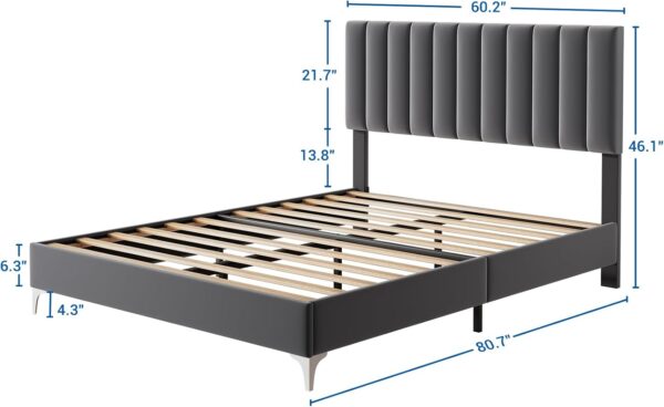 IDEALHOUSE Queen Size Bed Frame with Adjustable Headboard, Velvet Upholstered Platform Bed Frame with Strong Wooden Slats, Non-Slip and Noise-Free, No Box Spring Needed, Easy Assembly, Grey