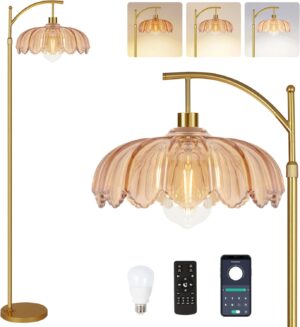 Floor Lamp for Living Room,Bedroom,Gold Dimmable Standing Lamp with Remote,Mid Century Modern Brass Tall Lamp Retro Vintage Green Glass Lamp Floor Light Boho Bohemian