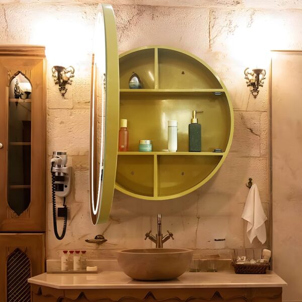 30 inch Round Medicine Cabinet with Lights,Led Medicine Cabinet with Defogger,Illuminated Mirror Cabinet for Bathroom,Dimmable,Defogger,3 Color Temperature 3000k-6500k Gold