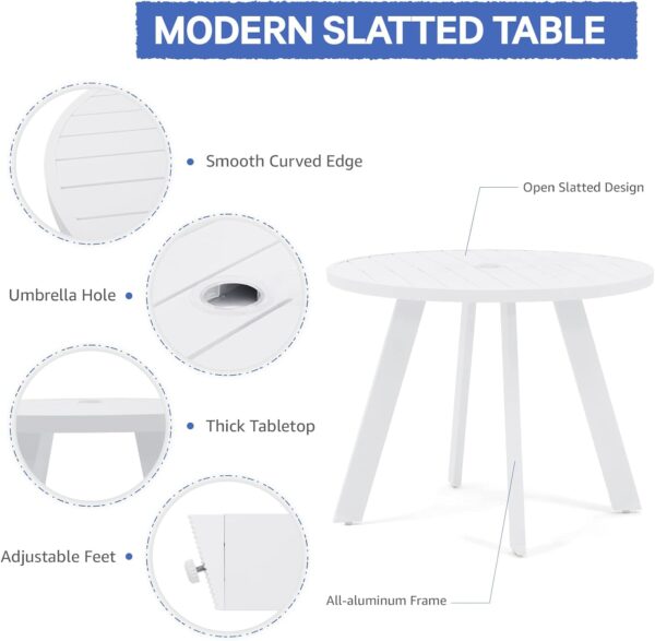 61eVi-ACnsL._AC_SL1500_.jpg Soleil Jardin 5 Piece Outdoor Dining Set, Aluminum Patio Furniture Dining Set with Round Dining Table w/Umbrella Hole and 4 Stackable Chairs w/Cushions for Yard, Garden, Porch and Pool, White