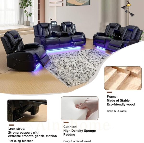 A Ainehome Power Recliner Set, Leather Sectional Sofa Set for Living Room, Home Theater, with LED Lights, Cup Holder, Hide-Away Storage(B-Black,3pcs Sofa Set)