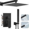 Hoimpro 12 Inch Shower Head System set Bathroom Rain Mixer Shower Head 2 In 1 Handheld Sprayer Wall Mounted, Square Rainfall Shower Faucet Fixture Combo Valve Kits Brass Showerhead, Matte Black