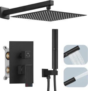 Hoimpro 12 Inch Shower Head System set Bathroom Rain Mixer Shower Head 2 In 1 Handheld Sprayer Wall Mounted, Square Rainfall Shower Faucet Fixture Combo Valve Kits Brass Showerhead, Matte Black